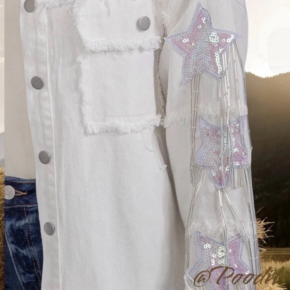 BLUE VELVET off white denim sequin and bead fringe detail Shacket/top size S M L - Picture 4 of 10